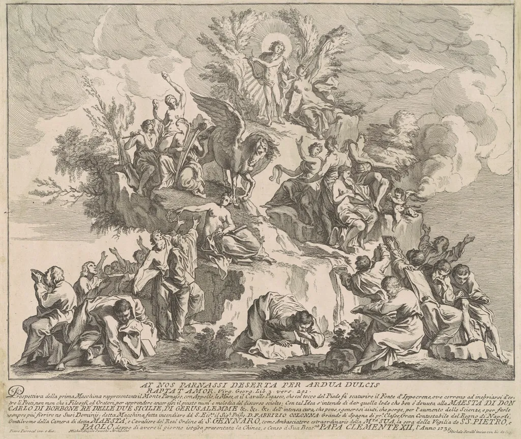 The Prima Macchina for the Chinea of 1739: Mount Parnassus with Apollo, the Muses, and Pegasus, by Miguel de Sorellò, ink, 1739