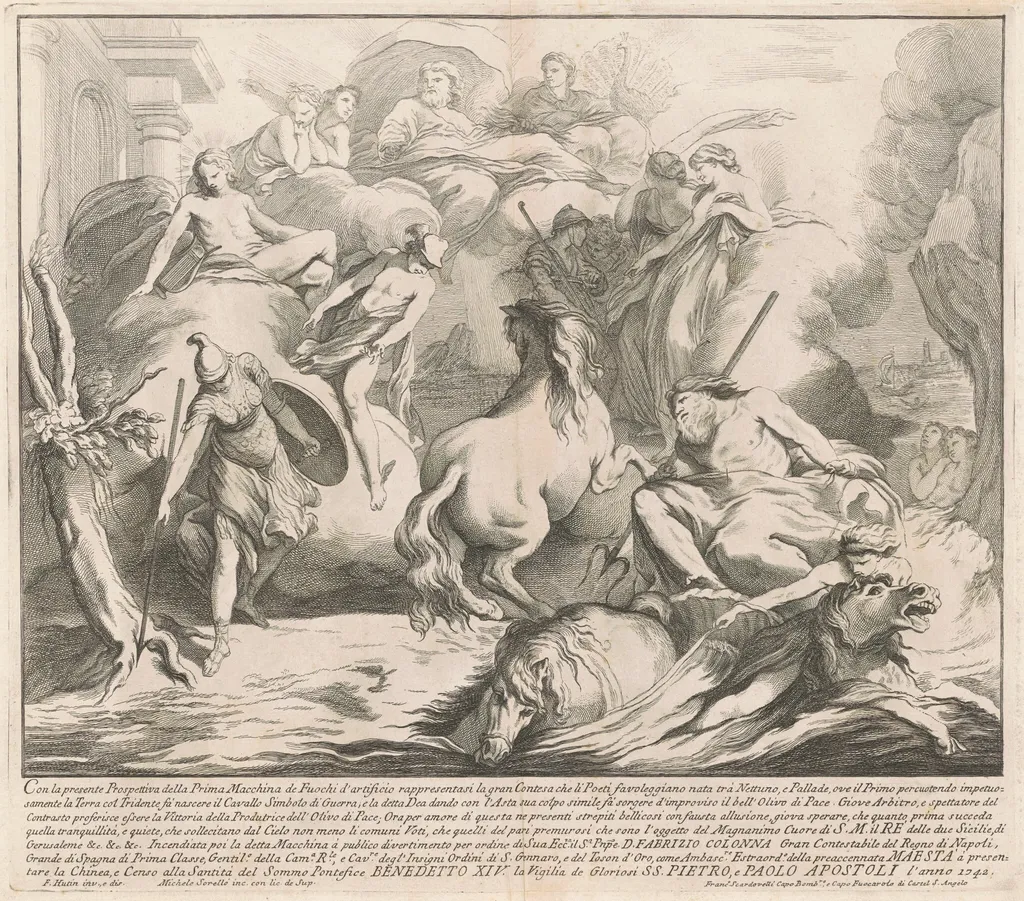The Prima Macchina for the Chinea of 1742: The Contest of Neptune and Minerva, by Miguel de Sorellò, ink, 1742