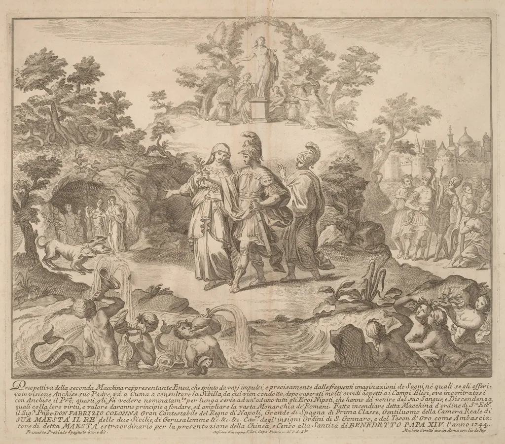 The Seconda Macchina for the Chinea of 1744: Aeneas and Cumaean Sibyl, by Miguel de Sorellò, ink, 1744
