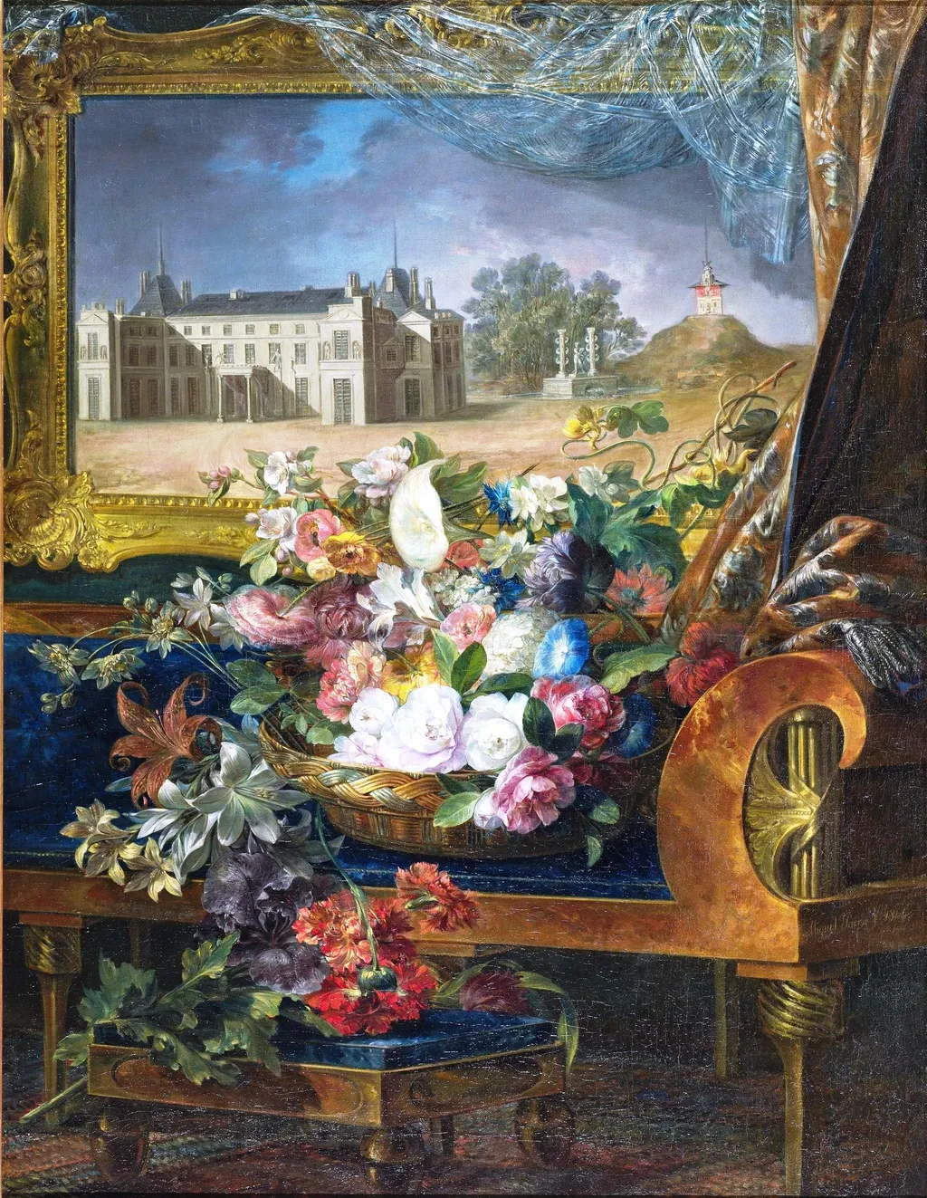 Basket of Flowers and View of a Royal Palace of Valencia, by Miguel Parra Abril, oil, 1844