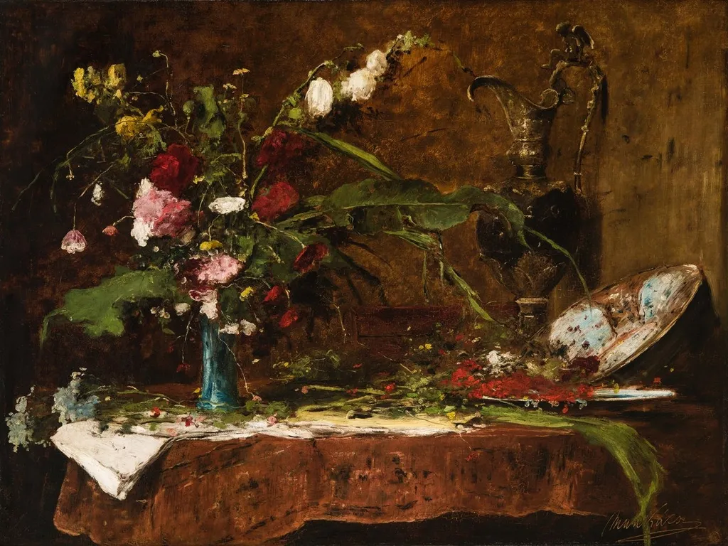Still Life with Flowers and Jug, by Mihály Munkácsy, oil, 1891
