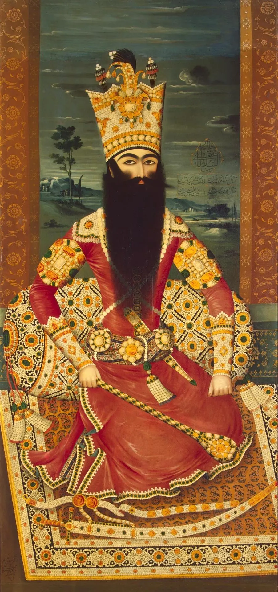 Portrait of Fath Ali Shah Seated, by Mihr 'Ali, oil, 1813