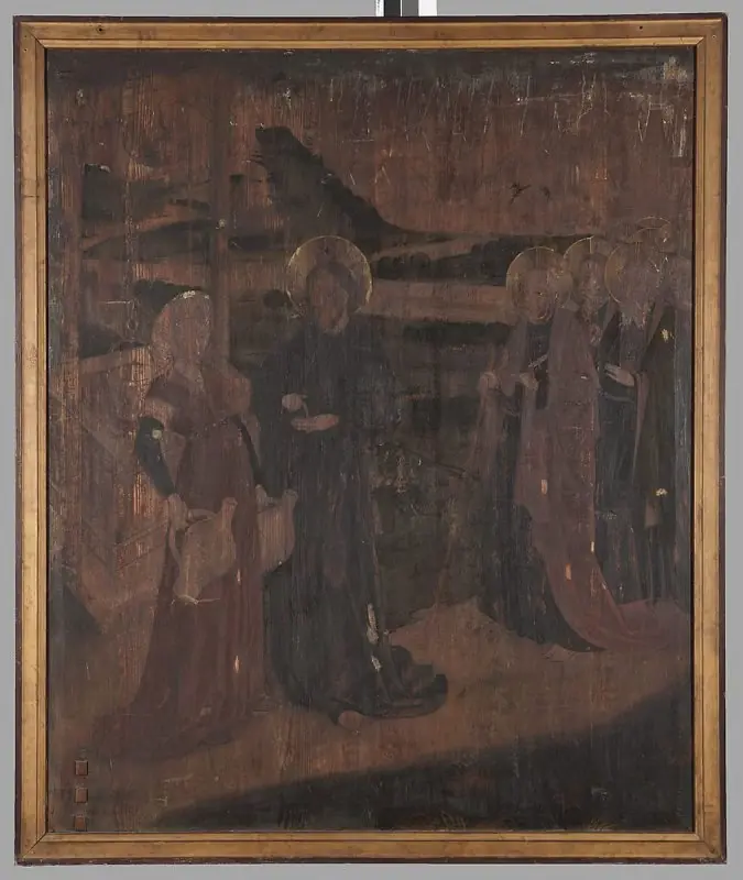 Legnica polyptych - right wing external - upper panel - obverse: St Barbara, St Catherine, St Dorothy; reverse: Christ and the Samaritan, by Mikołaj Obilman