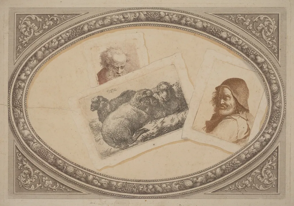 Trompe l'Oeil: Prints with Men and Sheep, Using Original Copperplates, by Milanese 18th Century, watercolor, 1790