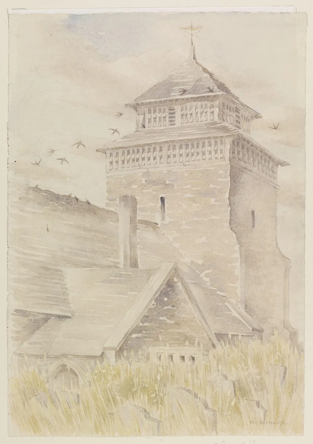 Bettws-y-Edewain Church Tower, Montgomeryshire, by Mildred E. Eldridge, watercolor, 1941