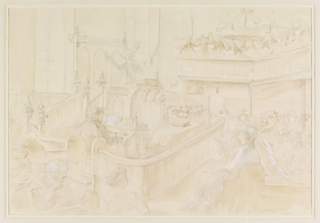 Eisteddfod at Adfa Chapel, Montgomeryshire, by Mildred E. Eldridge, watercolor, 1941