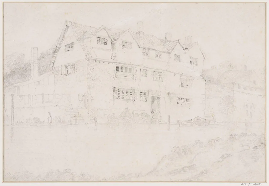 The river Wensum, with the backs of old hosues in King Street, Norwich, by Miles Cotman, 1850