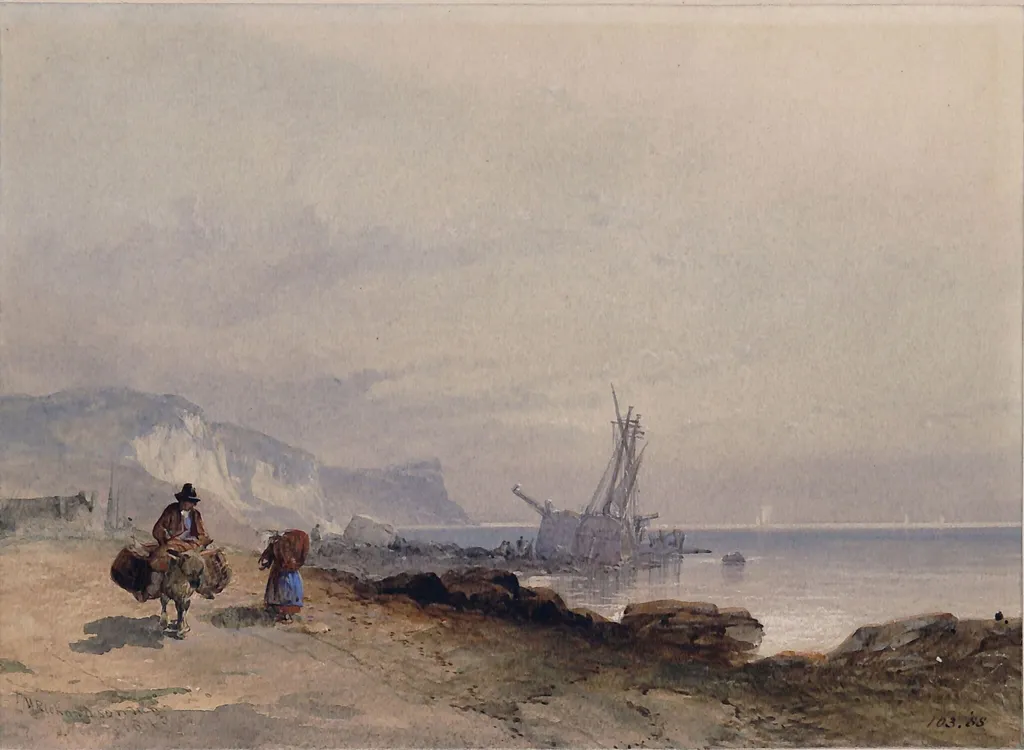 Coast scene with a vessel aground, by Miles Richardson, watercolor, 1843