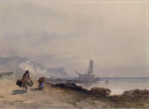 Coast scene with a vessel aground, by Miles Richardson