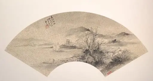 近代  吳石僊  春江煙雨  扇面|Misty Rain on the River in Spring