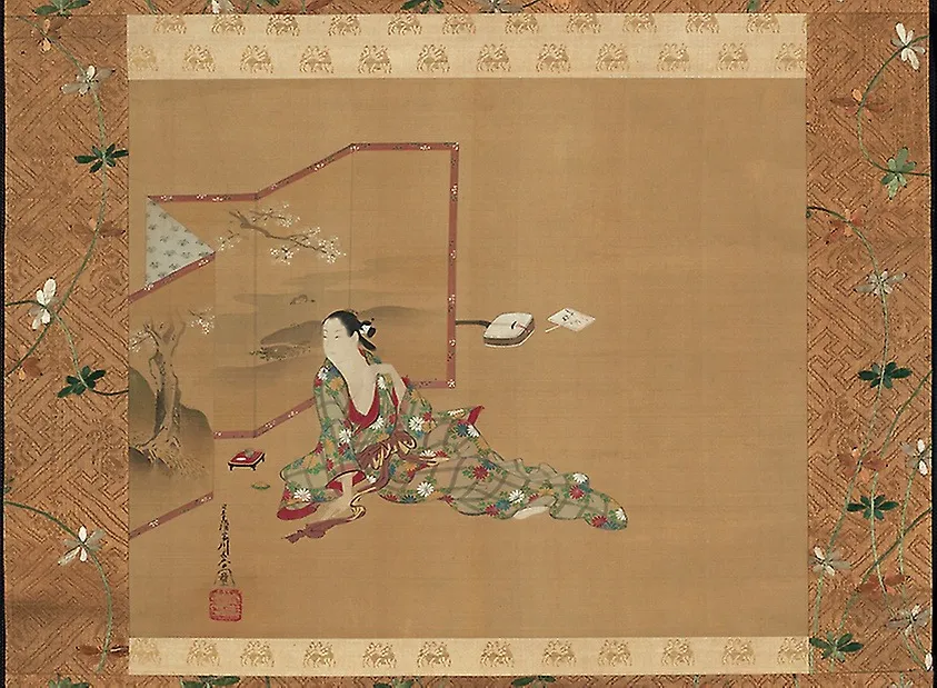 Courtesan by a Screen, by Miyagawa Chōshun, ink, 1750