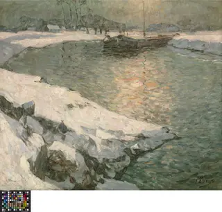 Wintergezicht op rivier in Vlaanderen, by Modest Huys, 1874