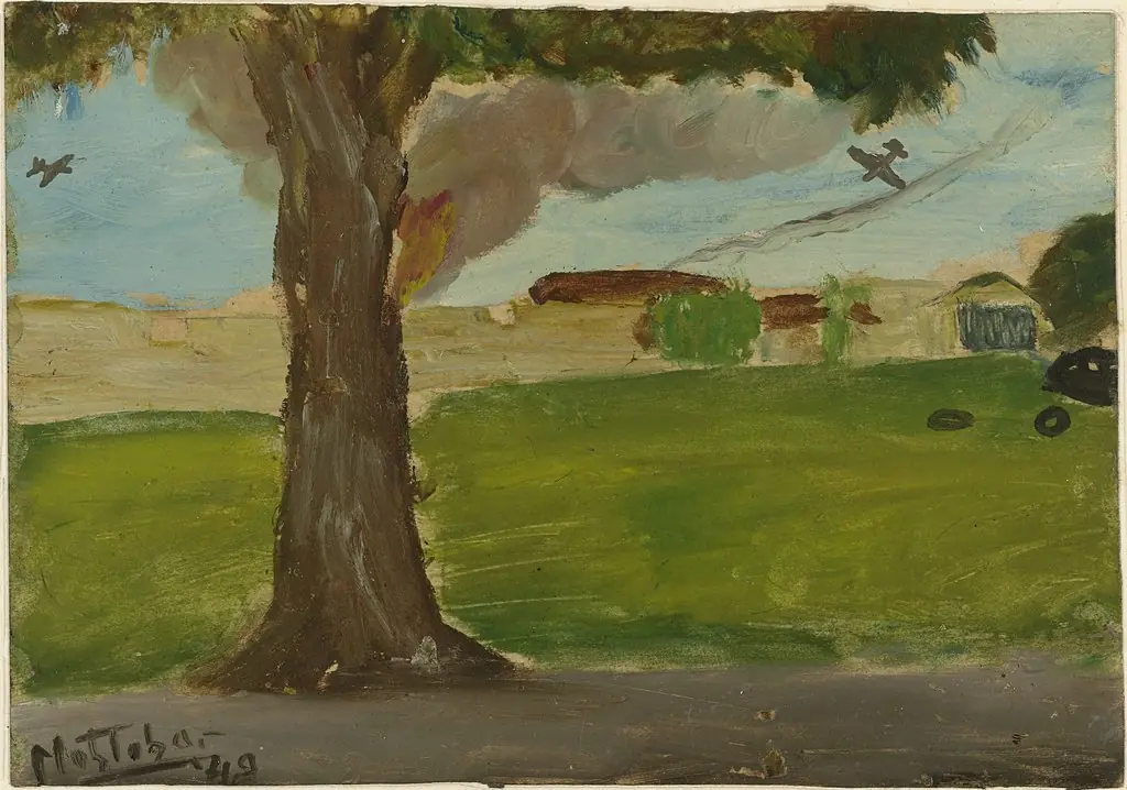A Dutch Bomber Bombing the Fort in the Center of the City of Jogyakarta, by Mohammad Toha Adimidjojo, 1948