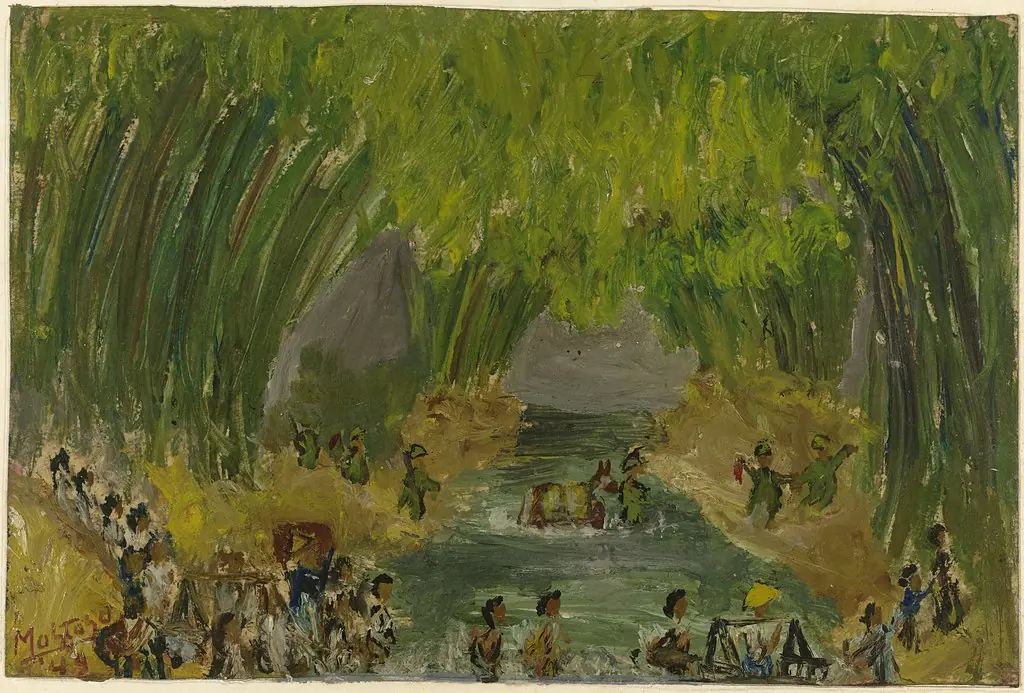 Republikeinse guerrilla's verlaten de stad en steken de rivier de 'Code' over samen met burgers die wegvluchten na de 'General Attack', by Mohammad Toha Adimidjojo