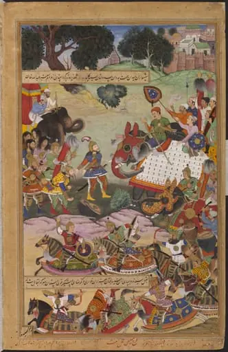 Akbar Receiving the Drums and Standards Captured from Abdullah Khan Uzbeg, Governor of Malwa, in 1564, by Mohesh