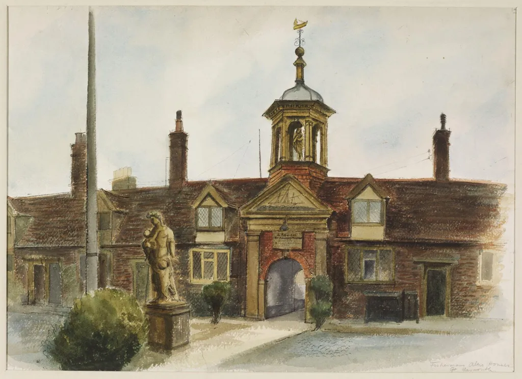 Fishermen's Almshouses, Great Yarmouth, by Mona Moore, watercolor, 1941