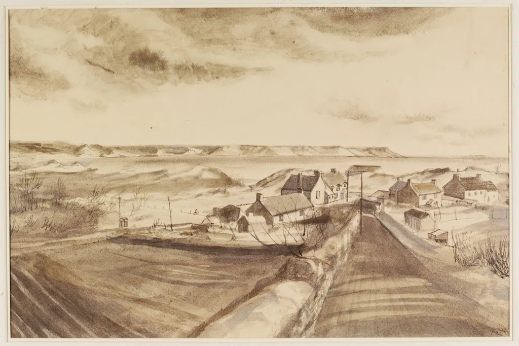 Oxwich Bay and Village, Gower, Glamorganshire, by Mona Moore, watercolor, 1940