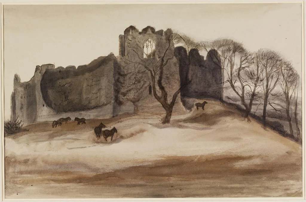 Oystermouth Castle, Gower, Glamorganshire, by Mona Moore, watercolor, 1940