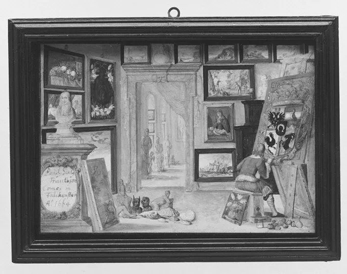 An Artist Painting a Heraldic Shield in a Cabinet of Curiosities, by Monogrammist FA, unspecified, 1664