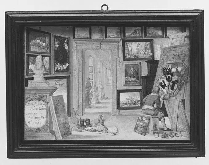 An Artist Painting a Heraldic Shield in a Cabinet of Curiosities