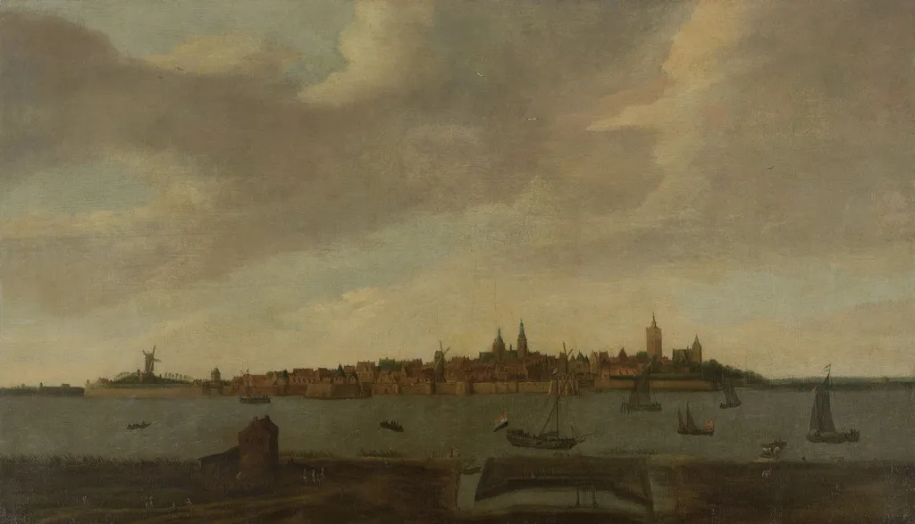 View of Heusden, by Monogrammist FK, oil, 1650