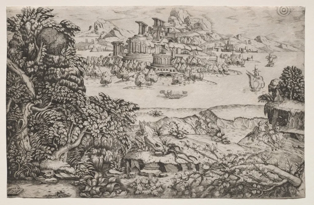 Landscape with a Temple above a Lake, by Monogrammist HI, 1550