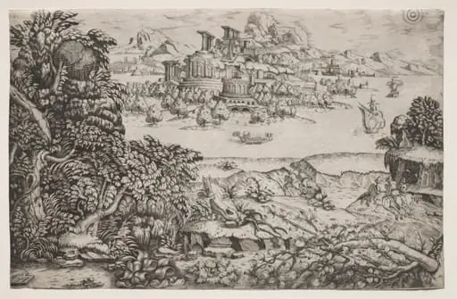 Landscape with a Temple above a Lake, by Monogrammist HI