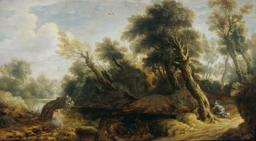 Landscape with a Hunter, by Monogrammist IVS, oil, 1646
