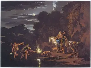 Moonlight Landscape with Crab Fishermen, by Nicolaes Pieterszoon Berchem