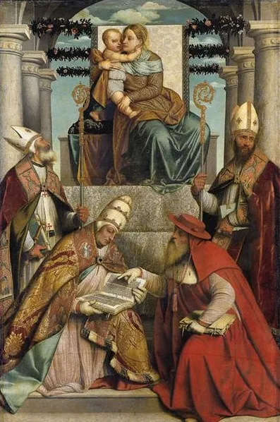 Madonna and Child with Four Doctors of the Church, by Moretto da Brescia, oil, 1545