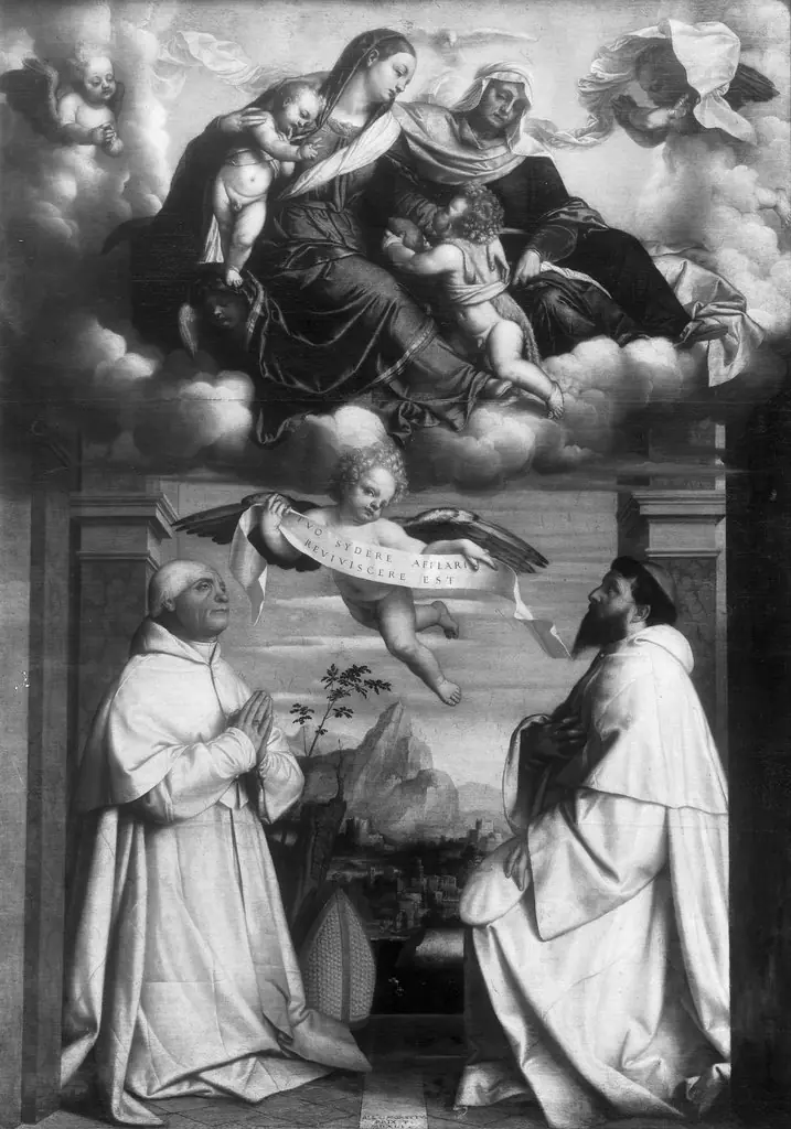 Mary, Elisabeth, the child and the young st. John in glory, adored by two monks in white religious costume, by Moretto da Brescia