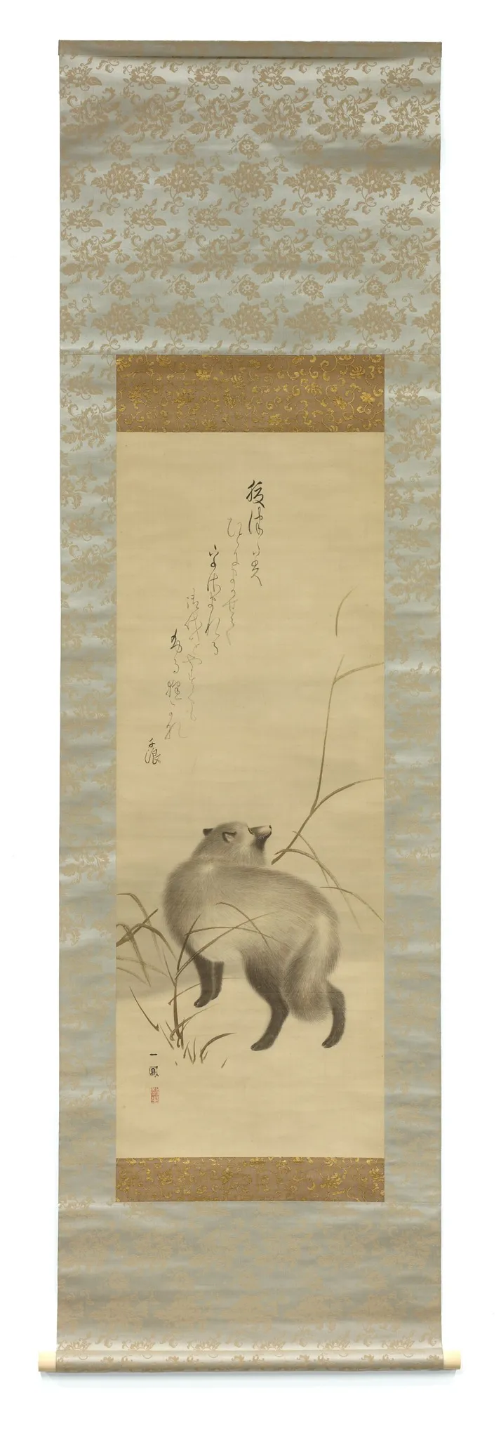 Tanuki in the Snow with First Bamboo Shoots of Spring, by Mori Ippō, unspecified