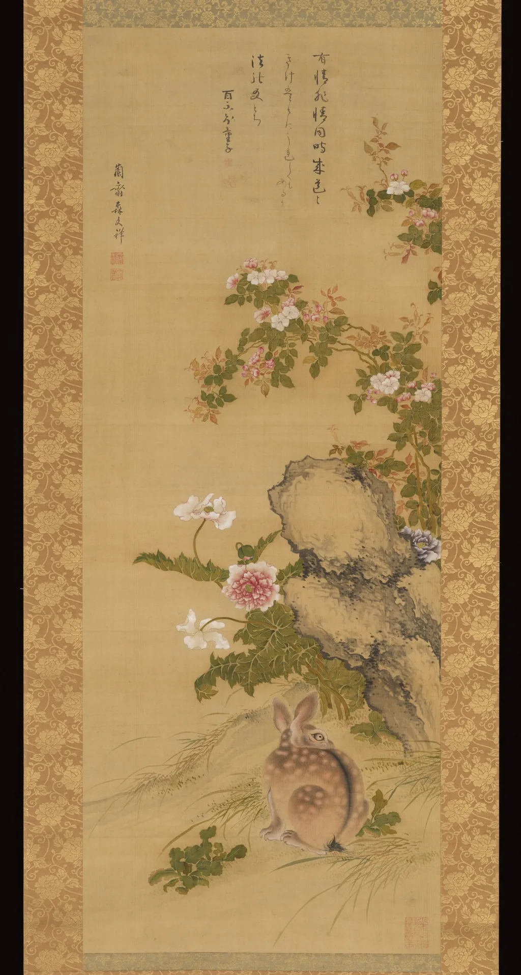 Rabbit and Roses, by Mori Ransai, unspecified, 1766