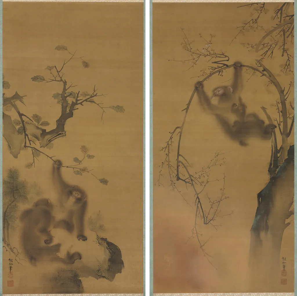 Monkeys in a Cherry Tree; Monkeys on a Rock Ledge, by Mori Sosen, unspecified, 1810
