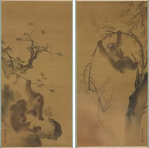 Monkeys in a Cherry Tree; Monkeys on a Rock Ledge, by Mori Sosen