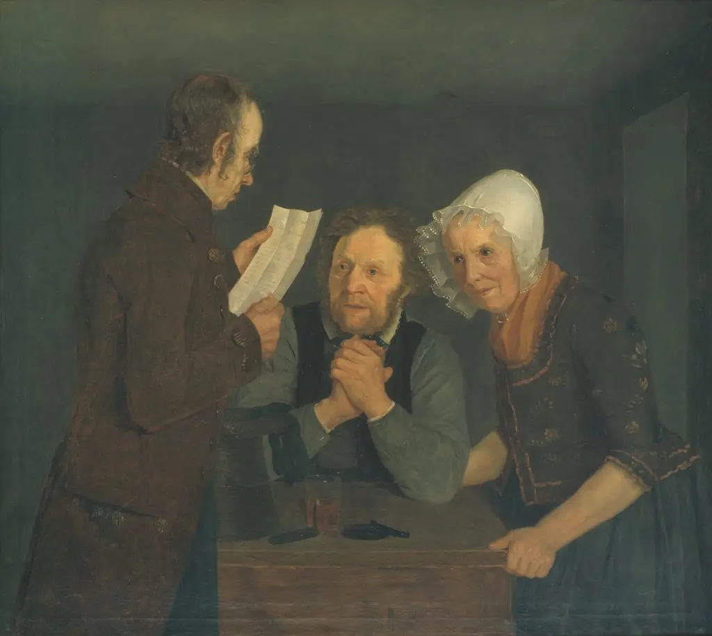 A Schoolmaster Reading Aloud a Letter to an Old Couple from Their Son Abroad, by Moritz Unna