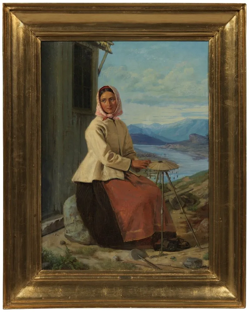 Woman with Handwork outside a Fisherman’s Hut, by Moritz Unna, oil, 1852