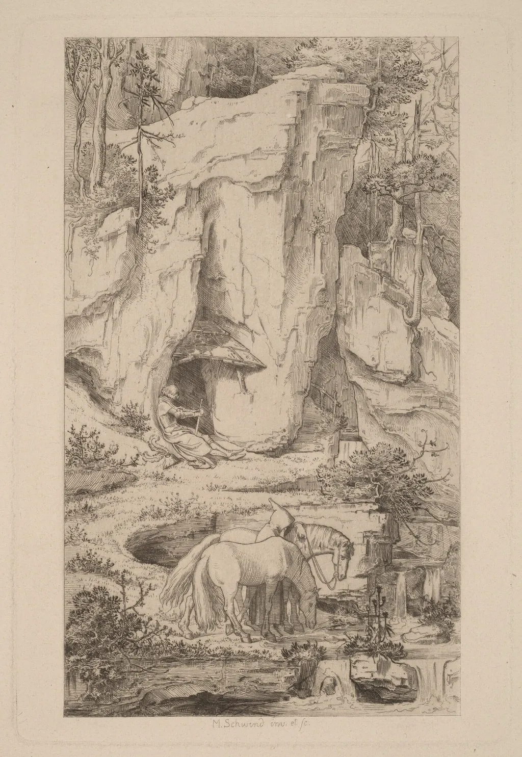 A Monk Leading Horses to Water, by Moritz von Schwind, ink, 1845