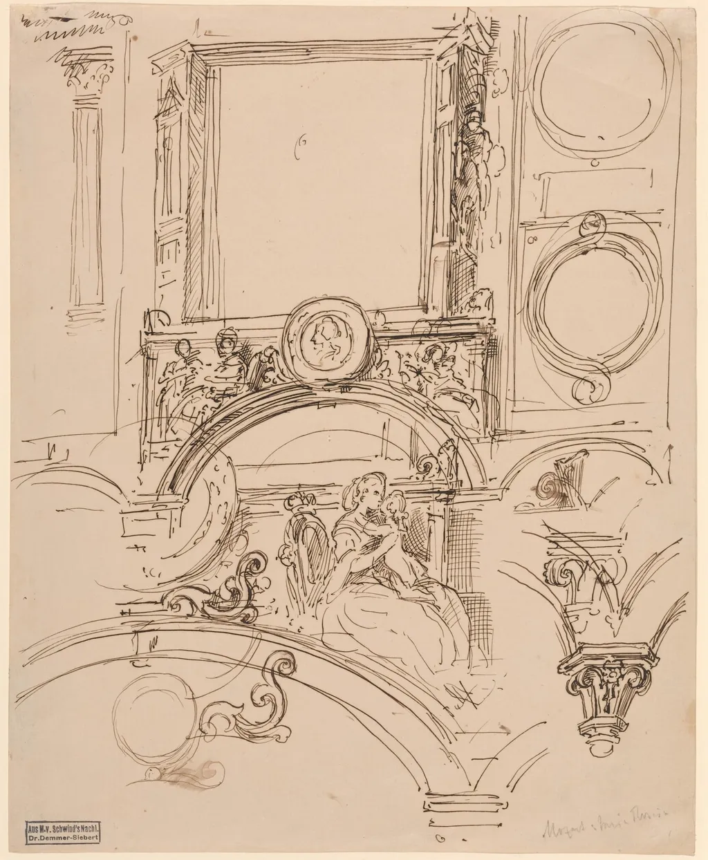 Architectural Details for a Wall Decoration with Empress Maria Theresia Embracing the Young Wolfgang Amadeus Mozart, by Moritz von Schwind, ink, 1864