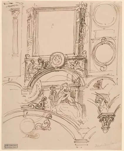 Architectural Details for a Wall Decoration with Empress Maria Theresia Embracing the Young Wolfgang Amadeus Mozart, by Moritz von Schwind
