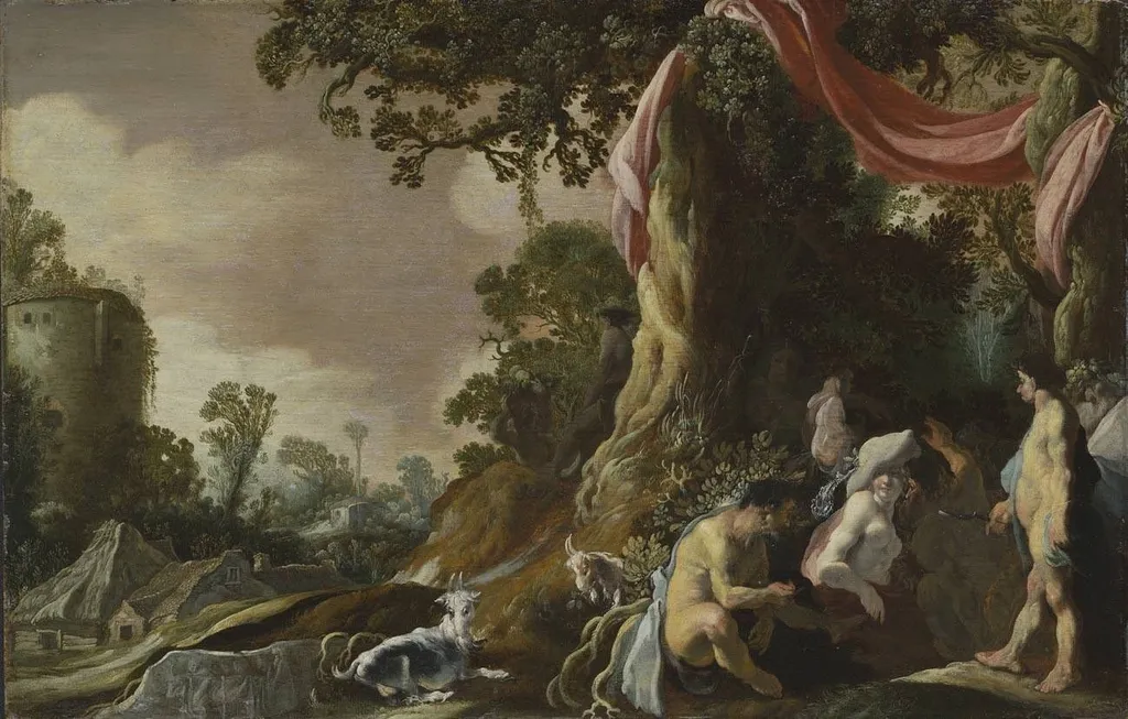 Bucolic scene (shepherd scene ?), by Moses van Uyttenbroeck, oil, 1618