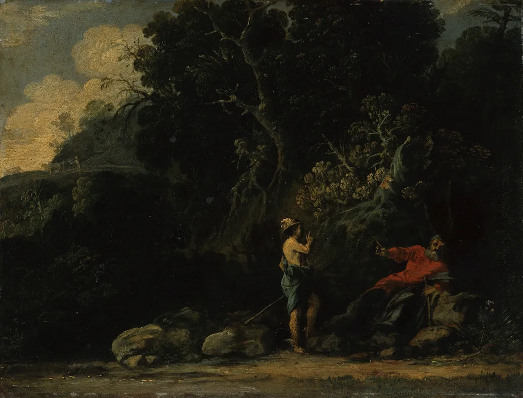 Forest Landscape with Mercury and Battus, by Moses van Uyttenbroeck, paint, 1631