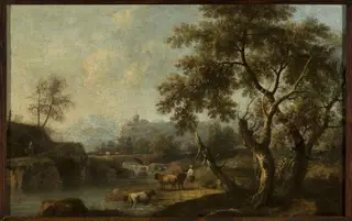 Mountain landscape with cattle at the waterhole, by Giovanni Battista Cimaroli