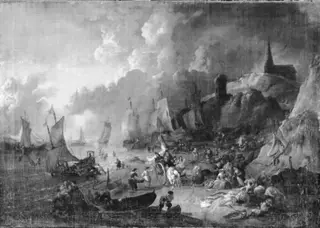 Mountainous Coast with Fishing Boats and Fishermen on the Beach