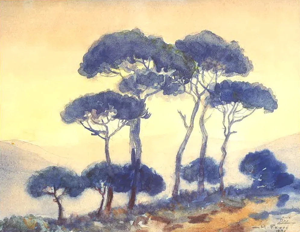 A Group of Pines in Bekfaya, by Moustafa Farroukh, watercolor, 1939