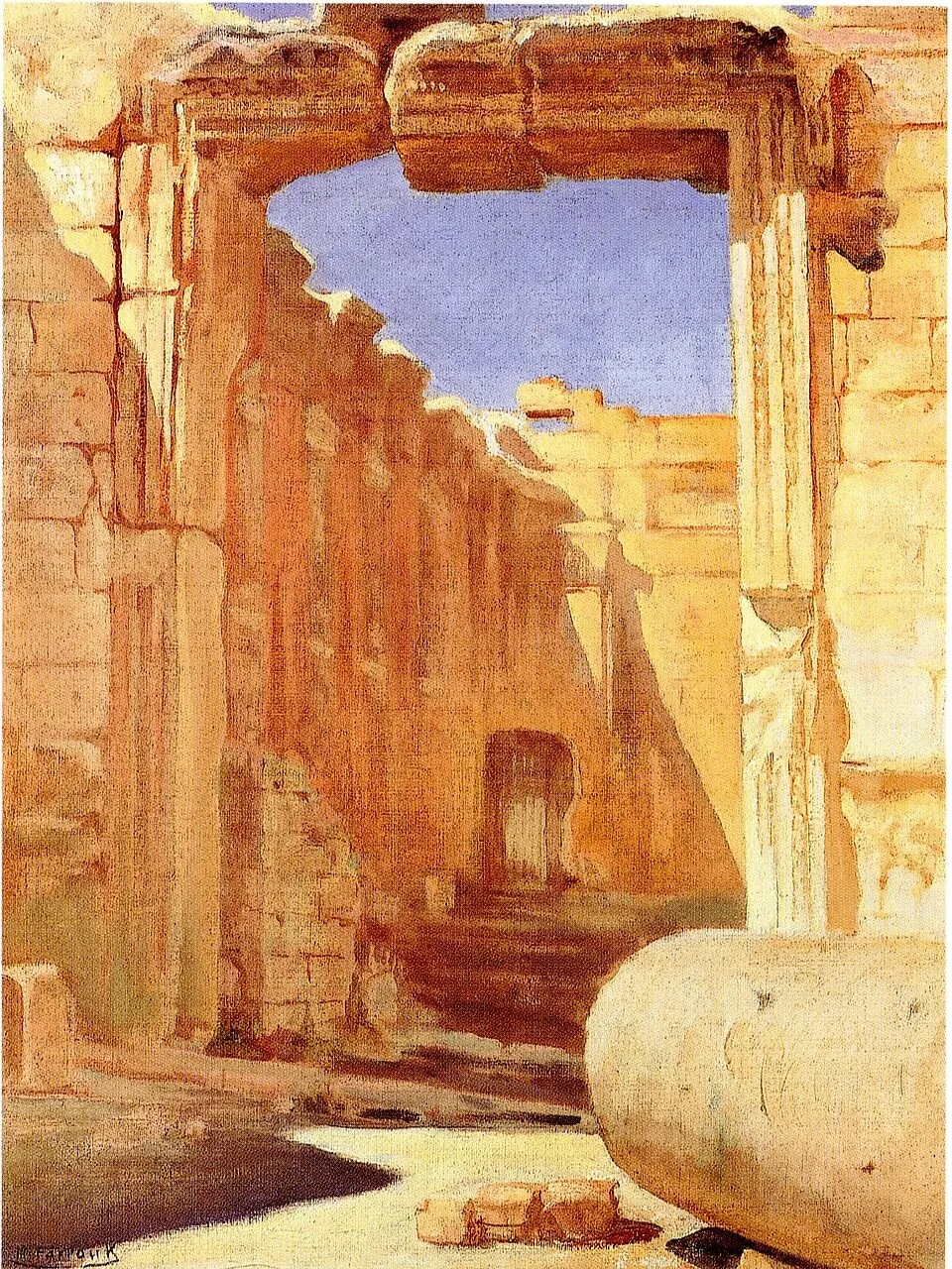 Baalbek, Temple of Bacchus, by Moustafa Farroukh, oil, 1939