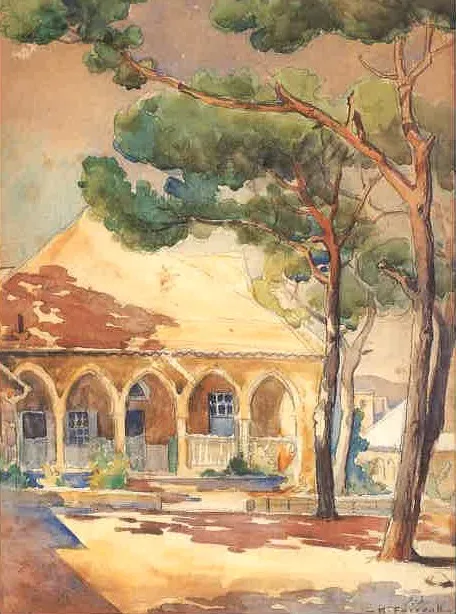 Bhamdoun Al-Mahatta: A House With A Garden, by Moustafa Farroukh, watercolor, 1939