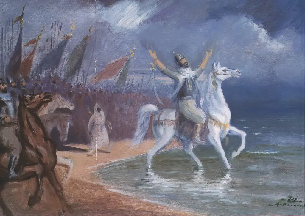 'Oqba ben Nafi' infront of the Atlantic, by Moustafa Farroukh
