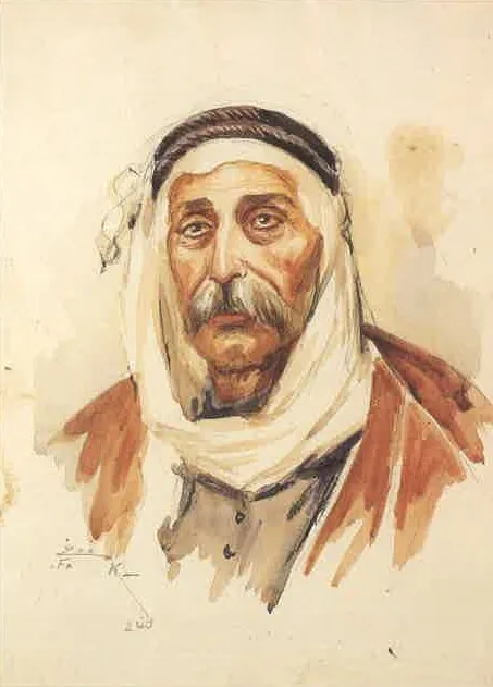 Portrait of Hussein Mahmoud Al-Hajj Darwich, by Moustafa Farroukh, watercolor, 1939