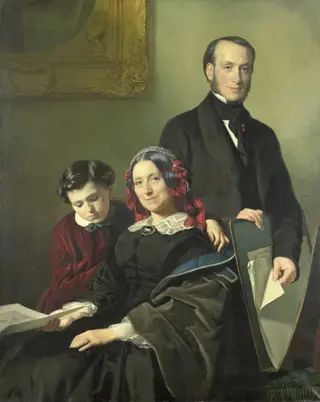 Mrs A J Schmidt Keiser, widow of the painter Willem Hendrik Schmidt (1809-49), the teacher of Jacob Rinse with her brother Y N Keiser and her ten-year-old son